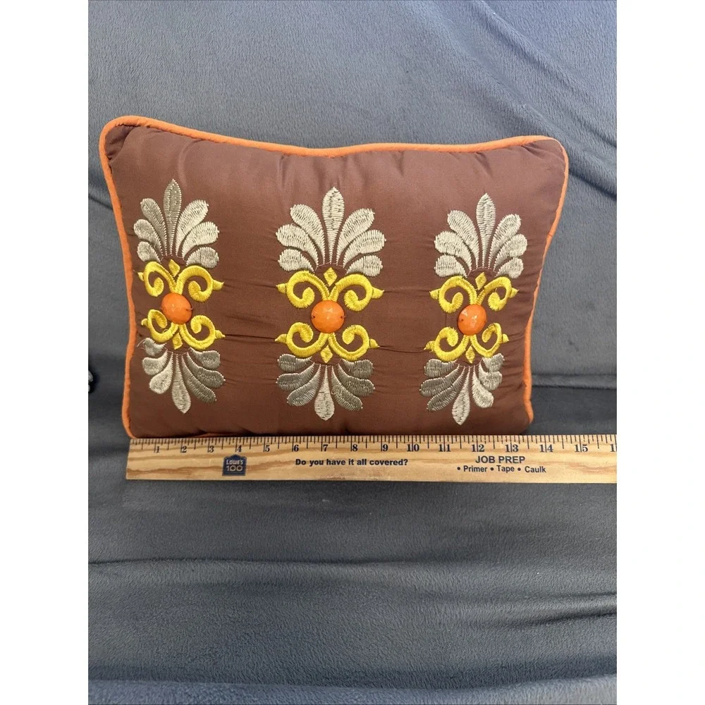 Brown Embroidered Decorative Throw Pillow Orange Gold Medallion 12x16 RN 91519